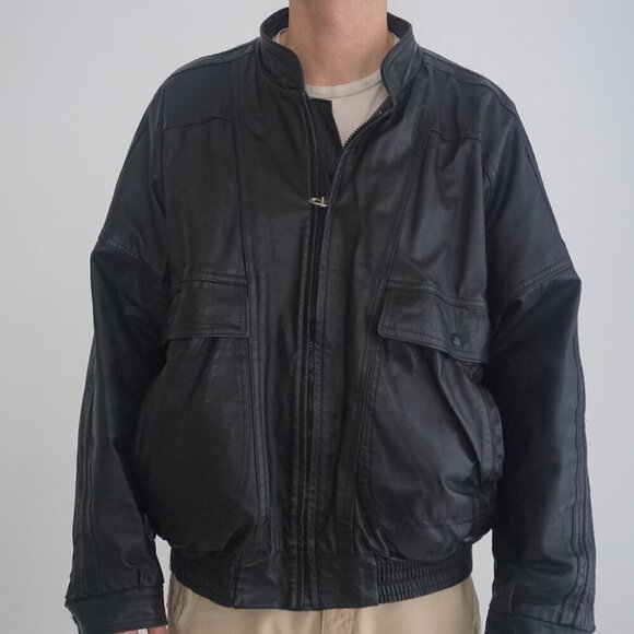 Vintage '80S Sears The Men'S Store Black Zip Up 100% Leather Bomber Jacket L - Picture 2 of 15